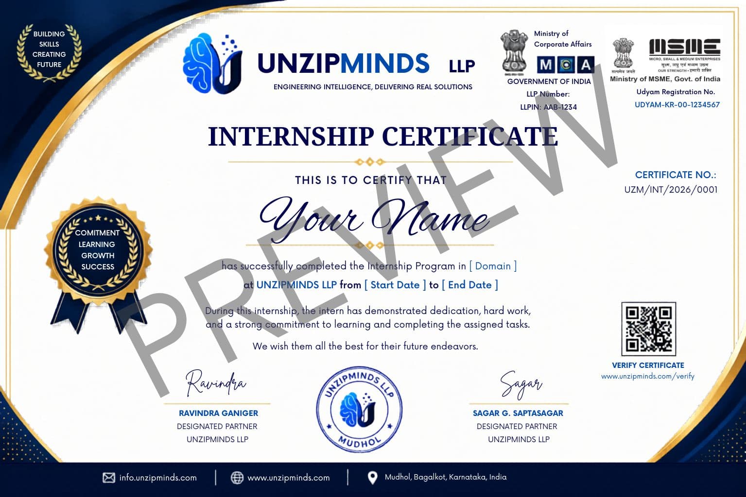 UNZIPMINDS Internship Certificate Preview