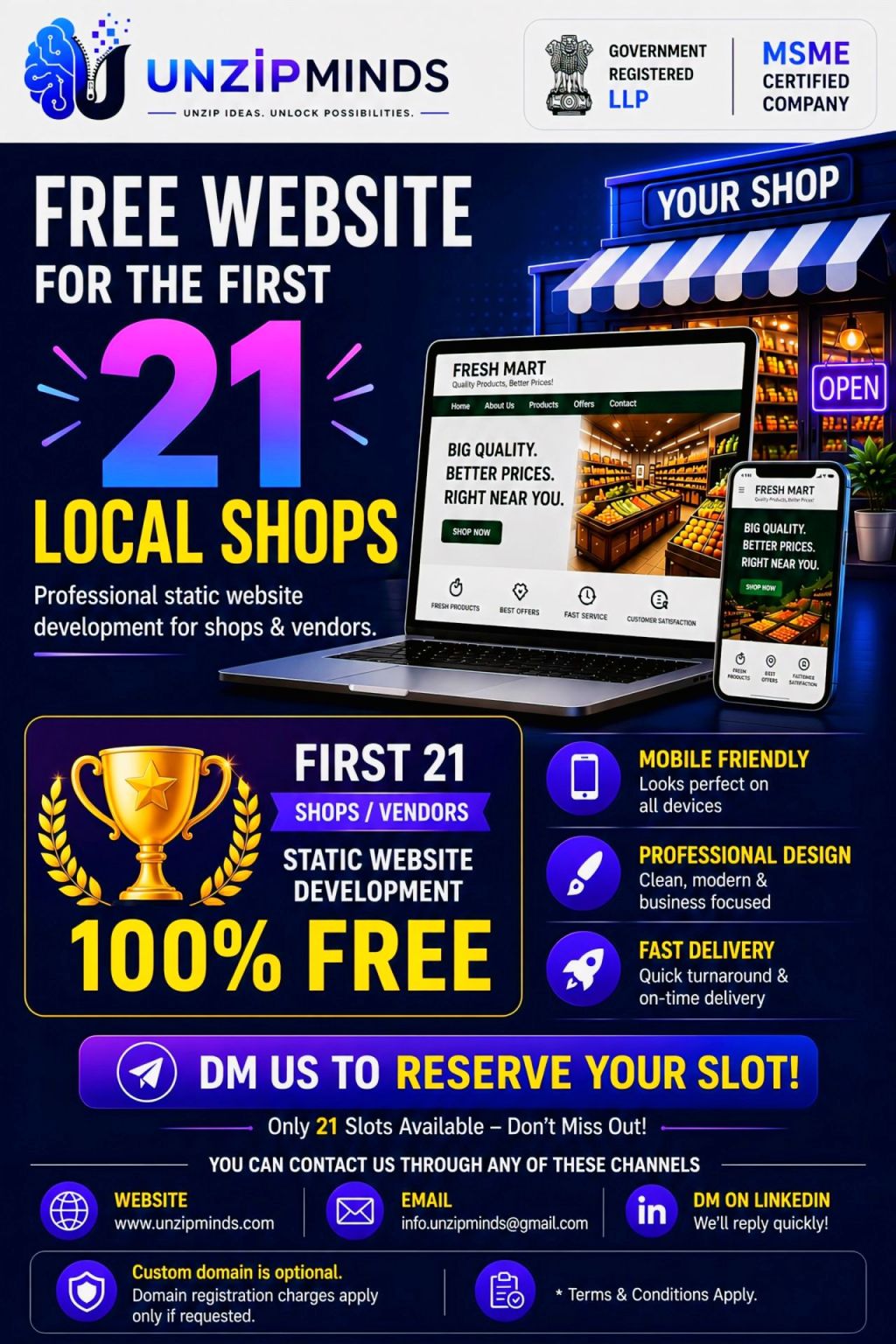 UNZIPMINDS Free Static Website Development for 21 Local Shops Offer Banner
